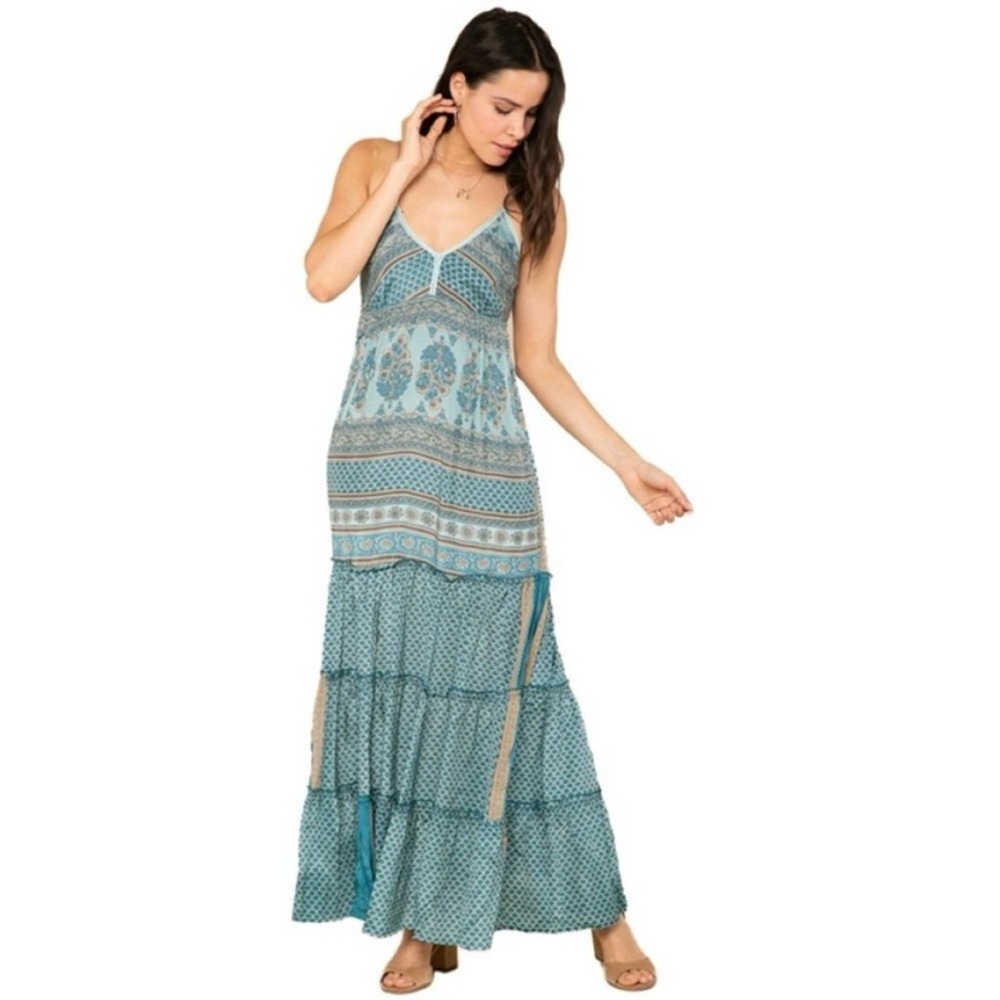 Raga Boho Maxi Dress, Teal Turquoise Floral Spaghetti Strap Long Gown, Medium